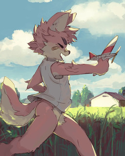 5_fingers anthro band-aid bandage black_nose bottomless bottomless_anthro bottomless_male butt clothed clothing cloud day eyes_closed fingers fluffy fluffy_tail fur grass happy kemono male multicolored_body multicolored_fur open_mouth open_smile outside pink_body pink_fur pink_tongue plant playing pointy_ears prick_ears running shirt shirt_only side_view smile solo summer tail tank_top tank_top_only tongue topwear topwear_only toy toy_plane tree two_tone_body two_tone_fur white_body white_clothing white_fur white_shirt white_tank_top white_topwear young young_anthro young_male dr.kiyo canid canine fox mammal 2019 cel_shading digital_media_(artwork) hi_res portrait shaded three-quarter_portrait