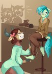 anthro anthrofied blush brown_hair clothing feet female foot_fetish hair horn kneeling male male/female silhouette tickling tickling_feet turquoise_hair turquoise_tail anotherdeadrat friendship_is_magic hasbro my_little_pony sandbar_(mlp) yona_yak_(mlp) bovid bovine earth_pony equid equine horse mammal pony yak hi_res