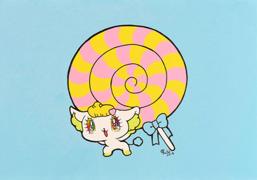 accessory ambiguous_gender anthro bangs big_eyes candy chibi dessert eyelashes food fur glistening glistening_eyes hair hair_accessory hairclip kemono lollipop micro nude on_model open_mouth simple_background solo tail text tuft white_body yurie_sekiya peropero_sparkles rue_(peropero_sparkles) alien domestic_cat felid feline felis mammal 2018 hi_res official_art traditional_media_(artwork)