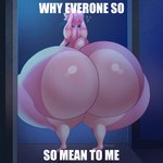 1:1 anthro big_butt butt butt_heart deliciousq everyone_is_so_mean_to_me fur hair hi_res huge_butt hyper hyper_butt lagomorph leporid long_ears male mallow_(dragon_chem) mammal markings meme pink_body pink_ears pink_fur pink_hair rabbit short_tail solo tail text white_markings