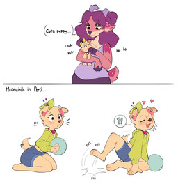 2_horns anthro ball behaving_like_a_dog bottomwear bow_ribbon broken_horn clothing collar dialogue duo ear_piercing eyebrow_through_hair eyebrows eyelashes female floppy_ears hair half-closed_eyes heart_symbol holding_ball holding_object holding_plushie hoodie hooves horn kneeling long_hair narrowed_eyes piercing plushie purple_hair shirt shorts simple_background smile speech_bubble tail tail_motion tailwag tank_top text topwear translucent translucent_hair voodoo voodoo_doll white_background wide_eyed cherry_beries berri_(cherry_beries) canid canine canis deer domestic_dog mammal 2025 absurd_res digital_drawing_(artwork) digital_media_(artwork) english_text hi_res