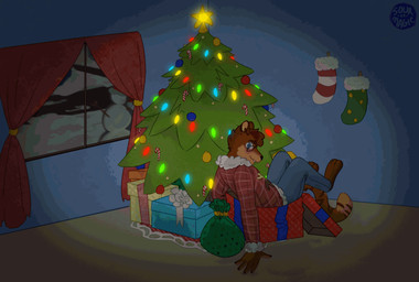 anthro christmas_decorations christmas_lights eyewear glasses holiday_lights holidays lights male solo stripes stuck stuck_in_box sourmagic christmas felid mammal pantherine tiger animated