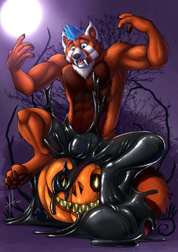 anthro athletic athletic_anthro athletic_male big_fangs blue_eyes blue_hair brown_body brown_claws brown_fur brown_pawpads bulge claws detailed_bulge fangs finger_claws food front_view fruit fur genital_outline glistening glistening_eyes hair latex latex_transformation liquid_latex male male_anthro markings moon nude open_mouth orange_body orange_fur pawpads pecs penis_outline plant pumpkin short_hair sitting solo striped_markings striped_tail stripes tail tail_markings teeth toe_claws transformation hufnaar ailurid mammal red_panda 2021 absurd_res dated hi_res