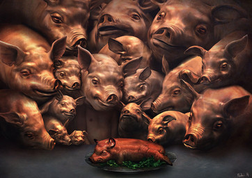 ambiguous_form ambiguous_gender bare_chest cannibalism crowded detailed_food feral food group meat pork realistic size_difference ryohei_hase domestic_pig mammal suid suine sus_(pig) detailed