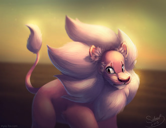 feral fur glistening glistening_eyes looking_aside male mane mouth_closed pink_body pink_fur pink_mane red_eyes side_view simple_background solo tail tail_tuft tuft whiskers mylafox cartoon_network steven_universe lion_(steven_universe) felid lion mammal pantherine 2015 dated
