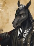 anthro black_body black_fur blind_eye braided_hair cane clothed clothing facial_scar fur green_eyes grey_hair hair male necktie scar solo suit white_eyes noviraine biers equid equine horse mammal