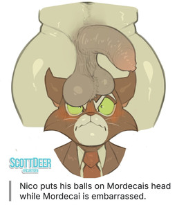 anthro ball_tuft balls balls_on_face black_body black_fur blush blush_lines bodily_fluids bottomless cheek_tuft clothed clothing duo facial_tuft flaccid fur genitals green_eyes green_sclera male male/male necktie nude penis red_necktie saggy_balls simple_background suit_and_tie sweat sweatdrop tea_bagging text these_aren't_my_glasses thick_thighs tuft white_background white_body white_fur scottdeer lackadaisy mordecai_heller nicodeme_savoy domestic_cat felid feline felis mammal tuxedo_cat english_text hi_res watermark