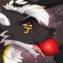 ambiguous_gender animal_genitalia anthro black_body black_fur blush bodily_fluids duo facial_piercing fur genitals hair heart_eyes heart_symbol knot male male/male markings nose_piercing nose_ring oral oral_penetration penetration penis piercing pulling_hair red_penis ring_piercing saliva text tongue tongue_out touching_hair white_body white_fur yellow_markings justyenari iyami_(sona) tau_(sona) gulonine mammal marten mustelid musteline rexouium sable_(marten) hi_res