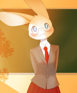 anthro blue_eyes blush bottomwear classroom clothing eyewear female front_view fur glasses grey_clothing grey_jacket grey_topwear hands_behind_back inside jacket light light_beam looking_at_viewer necktie red_clothing red_necktie red_shirt red_topwear school school_uniform shirt skirt smile solo student sunbeam sunlight topwear uniform white_body white_dress_shirt white_fur umisag85rabb99 lagomorph leporid mammal rabbit 2019 absurd_res hi_res