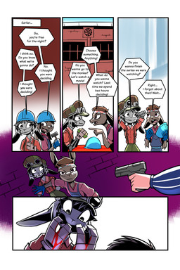 anthro armor brown_body brown_fur brown_hair clothed clothed_anthro clothed_female clothed_male clothing construction_worker cybernetic_arm cybernetic_limb cybernetics day dialogue eyewear female female_anthro flat_cap fur goggles grey_body grey_fur grey_hair gun hair handgun hard_hat hat headgear headwear helmet machine male male_anthro ranged_weapon short_hair text weapon gatonejo tabby_(gatonejo) cyborg lagomorph leporid mammal rabbit 2026 2:3 comic english_text hi_res