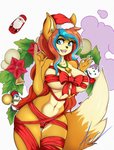 anthro bell big_breasts blue_eyes bow_(feature) breasts camel_toe female festive fur hair holidays raised_hand red_hair solo thick_thighs under_boob allanel christmas grace_kaiser canid canine fox mammal hi_res