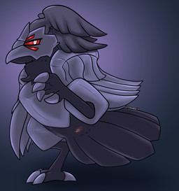 alternate_color ambiguous_feral ambiguous_gender animal_genitalia avian_butt beak claws cloaca feathered_wings feathers feet feral genitals grey_body grey_feathers nude raised_leg red_eyes simple_background tail tail_feathers talons toes wings itsdraconix nintendo pokemon amira_mitchell fan_character avian bird corvid corviknight generation_8_pokemon oscine passerine pokemon_(species) 2026 absurd_res digital_media_(artwork) hi_res female_(lore)