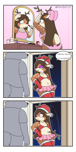 anthro applying_makeup bottomwear bow_tie christmas_clothing christmas_headwear clothed clothing costume detailed_background dialogue doorway duo eyeshadow female hat headgear headwear holidays inside looking_at_mirror looking_at_object makeup male male/female miniskirt mirror personal_grooming red_nose santa_costume santa_hat skirt standing text pencil_bolt christmas pattie_(pencil_bolt) canid canine deer mammal absurd_res comic english_text hi_res