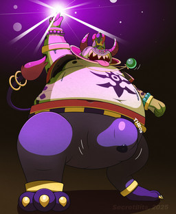 anthro belly bodily_fluids bulge claws clothing dancing detailed_bulge digitigrade evil_grin genital_fluids horn jewelry leaking_precum low-angle_view magic magic_user male moobs musk nipples overweight precum precum_through_clothing ring smile solo sweat sweatdrop tail throbbing throbbing_bulge tongue tongue_out wet wet_clothing secretbits booga_(dragon_quest) demon monster hi_res