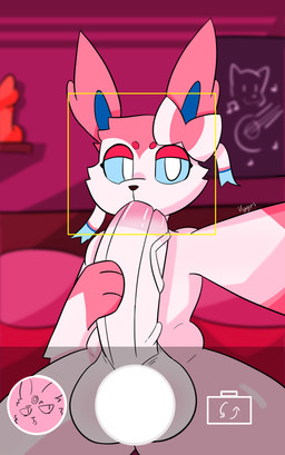 anthro autofellatio big_penis camera camera_view genitals huge_penis hyper hyper_genitalia hyper_penis looking_at_viewer male masturbation oral oral_masturbation penile penile_masturbation penis selfie solo vygri nintendo pokemon eeveelution generation_6_pokemon pokemon_(species) sylveon absurd_res hi_res