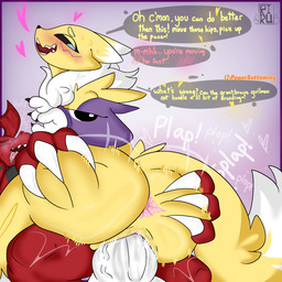 ambiguous_fluids anthro anus big_butt big_penis blush blush_lines bodily_fluids butt butt_grab dialogue duo eyes_closed female genitals hand_on_butt heart_symbol male male/female penetration penile penile_penetration penis penis_in_vagina red_body sex sweat text thrusting tongue tongue_out vaginal vaginal_penetration vein veiny_penis vulva yellow_body rikuwolfpaws bandai_namco digimon canid digimon_(species) guilmon mammal renamon 1:1 english_text hi_res