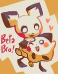 ambiguous_gender black_nose black_tail cheek_spots duo exclamation_point heart_symbol one_eye_closed open_mouth open_smile pupils red_cheeks red_text smile tail text white_pupils yellow_body flavia-elric beta_pokemon_games nintendo pokemon pokemon_gold_beta beta_pichu beta_pokemon_(species) generation_2_pokemon pichu pokemon_(species) 2018 digital_media_(artwork) english_text hi_res