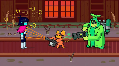 anthro female flower gameplay_mechanics gatling_gun gun machine_gun male minigun plant ranged_weapon weapon thef1amethr0wer deltarune team_fortress_2 undertale_(series) valve green_(deltarune) kris_dreemurr orange_(deltarune) elemental_creature flora_fauna flower_creature human humanoid mammal mouse murid murine rodent animated animated_gif short_playtime