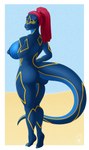 anthro areola big_breasts black_sclera blue_areola blue_body blue_nipples breasts butt dreadlocks female hair huge_breasts logo looking_at_viewer markings nipples nude open_mouth pupils red_hair slit_pupils solo standing yellow_eyes yellow_markings milk-jug scalie artist_logo