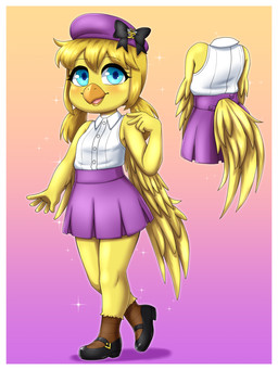 anthro avian_feet beak biped black_clothing black_footwear black_shoes blonde_hair blue_eyes border bottomwear bow_accessory clothed clothing eyebrows feathered_wings feathers female footwear front_view furgonomic_bottomwear furgonomics hair hat headgear headwear looking_at_viewer medium_hair open_mouth pigtails shirt shoes simple_background skirt solo sparkles standing tail tail_feathers tongue topwear white_border white_clothing white_shirt white_topwear winged_arms wings yellow_beak yellow_body yellow_feathers young young_anthro young_female vermelhatan final_fantasy square_enix avian chocobo 2026 3:4 absurd_res hi_res