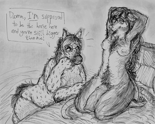 andromorph animal_genitalia animal_penis anthro armpit_hair bed bedroom_eyes belly_hair big_penis body_hair breasts chest_hair claws dialogue duo ear_piercing ear_ring equine_genitalia equine_penis eyewear feet furniture genital_piercing genitals glasses gynomorph hair intersex kneeling long_hair multiple_piercings narrowed_eyes nipple_piercing nipples penis penis_piercing piercing pubes ring_piercing rodent_tail scar seductive self-harm_scars simple_background sitting slightly_chubby slightly_chubby_andromorph slightly_chubby_intersex speech_bubble toe_claws wearing_glasses alienbeepoontang iscariot_(nephicide) jaimee_(alienbeepoontang) american_opossum appaloosa equid equine horse hybrid mammal marsupial murid murine rat rodent digital_media_(artwork) hi_res monochrome trans_(lore) trans_man_(lore)