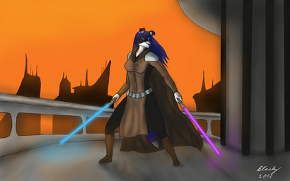 anthro bespin blue_lightsaber city cloud cloud_city dual_wielding female holding_object holding_weapon jedi knight lightsaber melee_weapon purple_lightsaber solo sunset warrior weapon blaiky star_wars canid canine canis domestic_dog mammal 16:10 widescreen