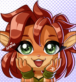 anthro brown_body brown_fur brown_hair chibi clothing eyebrows eyelashes female fur green_eyes hair hand_on_cheek looking_at_viewer open_mouth open_smile short_hair smile solo tan_body tan_fur wristband arsbin activision spyro_the_dragon elora faun_(spyro) mammal 2024 portrait