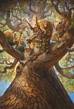 ambiguous_gender anthro brown_body brown_fur buckteeth building dagger detailed_background ear_piercing ear_ring fur group holding_dagger holding_melee_weapon holding_object holding_staff holding_sword holding_weapon house in_tree looking_at_viewer low-angle_view melee_weapon piercing plant ring_piercing skull_helmet staff standing sword tail teeth tree weapon whiskers justin_gerard hasbro magic:_the_gathering wizards_of_the_coast mammal rodent sciurid tree_squirrel 1:1 2024 hi_res official_art