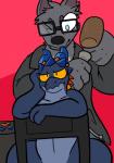 anthro bored duo eyewear furniture glasses male one_eye_closed simple_background sitting standing table trout_(artist) corundum_the_gembold zach_(rmaster) canid canine canis gembold kobold mammal scalie wolf hi_res