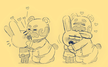 anthro blush chibi clothing duo eyes_closed facial_hair heart_symbol hug kissing male male/male mustache shirt simple_background slightly_chubby topwear cubert animal_crossing nintendo beardo_(animal_crossing) gaston_(animal_crossing) bear lagomorph leporid mammal rabbit 2020 hi_res