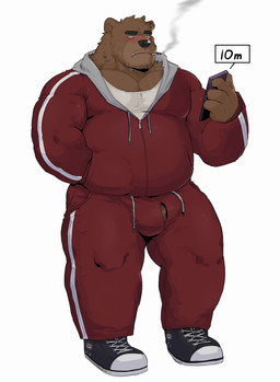 anthro barely_visible_genitalia barely_visible_penis black_nose blush brown_body brown_fur bulge cellphone cigarette clothing electronics footwear fur genitals humanoid_hands kemono male musclegut muscular overweight overweight_male penis phone shirt shoes simple_background smartphone smoking sneakers solo topwear white_background warr bear mammal 2023 absurd_res hi_res