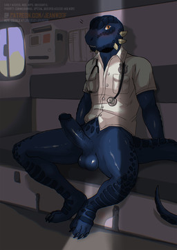 anthro balls blue_body blue_glans blue_penis blue_skin bottomless bottomless_male caught_in_the_act caught_off_guard claws clothed clothing dark detailed_background erection genitals glans humanoid_genitalia humanoid_penis male medical medical_instrument penis scientific_instrument sitting sneaky solo stethoscope surprised vein veiny_penis jeanwoof microsoft the_elder_scrolls tristen argonian scalie hi_res