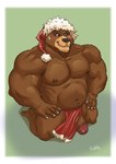 abs anthro biceps big_penis body_hair border bottomwear bottomwear_aside brown_body christmas_clothing christmas_headwear clothed clothing clothing_aside crotch_apron deltoids erection foreskin genitals glans grin hands_on_hips happy_trail hat headgear headwear holidays humanoid_genitalia humanoid_penis ineffective_clothing ineffective_loincloth kneeling loincloth loincloth_aside male musclegut muscular muscular_thighs navel nipples pecs penis red_bottomwear red_clothing red_loincloth retracted_foreskin santa_hat simple_background slightly_chubby smile solo topless triceps white_border kahlu christmas bear mammal 2021 hi_res