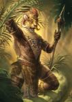 5_fingers black_nose fingers forest holding_melee_weapon holding_object holding_polearm holding_spear holding_weapon jungle melee_weapon open_mouth plant polearm solo spear teeth tongue tree tribal tribal_clothing weapon pechschwinge felid jaguar mammal pantherine 2020 digital_media_(artwork)