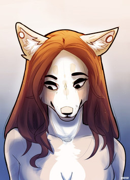 anthro closed_smile ear_piercing female flesh_tunnel front_view gauged_ear hair mouth_closed narrowed_eyes nude orange_hair piercing smile solo tan_body text white_body unknowhiter canid mammal 2015 artist_name bust_portrait portrait