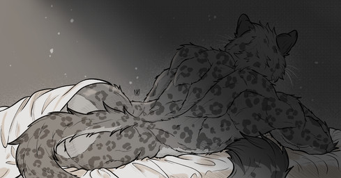 anthro back_muscles bed bed_sheet bedding butt fur furniture lying lying_on_bed male markings nude on_bed on_side rear_view simple_background solo spots tail tasteful tasteful_nudity nuncionull felid mammal pantherine snow_leopard digital_media_(artwork) greyscale hi_res monochrome