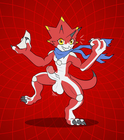 anthro balls claws erection genitals geometric_background grid_background horn male markings mostly_nude nude pattern_background penis red_body scarf scarf_only simple_background solo white_markings yellow_eyes yellow_markings darkajugin bandai_namco digimon digimon_ghost_game betelgammamon digimon_(species) hi_res