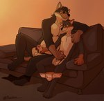 anthro arm_around_partner balls belly black_body black_fur bodily_fluids body_hair briefs cheek_tuft clothed clothing clothing_around_legs clothing_around_one_leg dripping duo ear_piercing eyewear facial_tuft feet foreskin fur furniture genital_fluids genitals glasses hairy_balls handjob humanoid_genitalia humanoid_penis leaking_precum male male/male mostly_nude mutual_masturbation neck_tuft nipples orange_body orange_fur overweight partially_clothed penile penis piercing precum precum_drip pubes retracted_foreskin sex size_difference slightly_chubby sofa tail tan_belly thick_penis tuft underwear underwear_around_legs underwear_around_one_leg underwear_down underwear_only warm_lighting wearing_glasses yellow_sclera tracho rafael_torres robbie_torres canid canine canis mammal wolf absurd_res hi_res father_(lore) father_and_child_(lore) father_and_son_(lore) incest_(lore) parent_(lore) parent_and_child_(lore) parent_and_son_(lore) son_(lore)