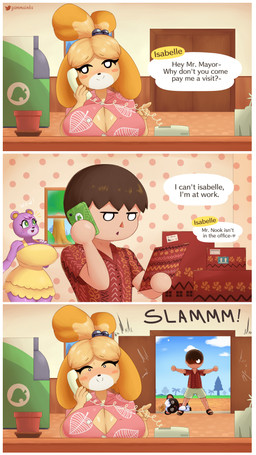 anthro big_breasts blush breasts cleavage clothed clothing dialogue dress eyelashes female freckles fur male text gammainks animal_crossing nintendo isabelle_(animal_crossing) megan_(animal_crossing) niko_(animal_crossing) villager_(animal_crossing) bear canid canine canis domestic_dog grey_langur haplorhine human langur mammal monkey old_world_monkey primate shih_tzu toy_dog absurd_res comic english_text hi_res