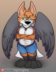 abs anthro canid canine canis clothing digital_media_(artwork) foxball fur hair hi_res hybrid looking_at_viewer lying male mammal muscular muscular_anthro muscular_male on_front orange_body orange_fur ozone_griffox pecs simple_background smile solo standing white_body white_fur wings
