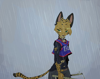 anthro arnis broken_weapon clothing collar constricted_pupils ear_piercing ear_ring facial_markings female fur green_eyes head_markings head_tuft holding_object holding_weapon jersey long_sleeve_shirt long_tail looking_aside markings piercing pointy_ears pose pupils raining ring_piercing sad shirt simple_background slit_pupils small_pupils solo spots spotted_body spotted_fur striped_markings stripes tail text topwear torn_clothing torn_topwear tuft weapon wet yellow_body yellow_fur ruffu pepper_in_the_sandbox pepper_(ruffu) felid feline mammal serval 2025 colored detailed digital_drawing_(artwork) digital_media_(artwork) half-length_portrait portrait shaded