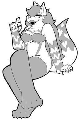 4_toes 5_fingers anthro bra breasts clothing crossed_legs feet female fingers footwear hair hair_over_eye heart_(marking) legwear lips looking_at_viewer markings multicolored_lips sitting socks solo spots spotted_markings spotted_tail striped_arms tail tail_markings thigh_highs thigh_socks toes underwear bigsteppies canid mammal black_and_white hi_res monochrome