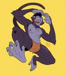 anthro areola arms_above_head athletic bottomwear bulge clothed clothing eyebrow_slit eyebrows facial_hair feet foot_focus foreshortening goatee jewelry jumping loincloth loincloth_only male mastectomy_scar midair mohawk necklace phalloplasty_scar potbelly prehensile_feet prehensile_tail purple_body raised_leg raised_tail scar sharp_teeth simple_background smile smiling_at_viewer solo tail teeth text toes tongue tongue_out topless yellow_background angelofalls conditional_dnp angelo_(angelofalls) atelid haplorhine mammal monkey new_world_monkey primate spider_monkey 2025 artist_name digital_drawing_(artwork) digital_media_(artwork) hi_res signature trans_(lore) trans_man_(lore)