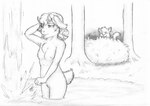 anthro duo female hiding lake male male/female nature nipples nude plant predator/prey shrub stalking tail waterfall young young_anthro meowmere bovid caprine cougar felid feline goat mammal absurd_res hi_res monochrome