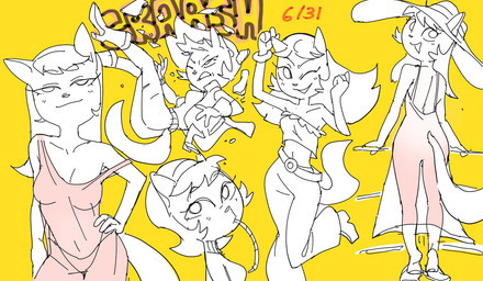 anthro body_outline breasts broken_glass cleavage clothed clothing dress female glass hat headgear headwear midriff off_shoulder simple_background solo sun_hat sweater topwear translucent translucent_clothing translucent_dress turtleneck yellow_background dbaru nickelodeon t.u.f.f._puppy kitty_katswell domestic_cat felid feline felis mammal 2026 hi_res