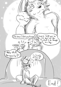 anthro bed bed_sheet bedding blush bodily_fluids boxers_(clothing) clothing dialogue duo ending female furniture head_on_shoulder horn hug male notched_ear pillow prosthetic prosthetic_limb scar smile squish sweat text underwear dragonweirdo beastars haru_(beastars) legoshi_(beastars) louis_(beastars) canid canine canis deer lagomorph leporid mammal rabbit wolf absurd_res comic english_text hi_res monochrome