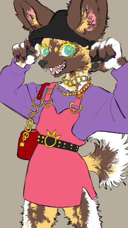 alternative_fashion anthro belt blue_eyes bottomwear brown_body brown_fur claws clothed clothing colored_nails dress female fur gold_(metal) hat headgear headwear jewelry multicolored_body multicolored_fur nails necklace open_mouth oversized_clothing pawpads pink_clothing pink_topwear purple_clothing purse simple_background smile solo tail teeth tongue topwear kyokyota african_wild_dog canid canine mammal 2020 9:16