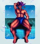 blue_clothing blue_swimming_trunks blue_swimwear bodily_fluids bulge clothing detailed_bulge genital_outline hair horn male muscular muscular_humanoid muscular_male not_furry penis_outline pink_hair poolside red_body red_skin sharp_teeth solo sweat swimming_pool swimming_trunks swimwear teeth tight_clothing yellow_eyes slydollis demon demon_humanoid humanoid absurd_res hi_res