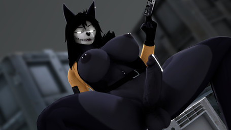 anthro belt big_breasts big_testicles black_hair bodily_fluids box breasts clothing container crate cum eyebrows genital_fluids genitals glowing glowing_eyes gynomorph hair half-closed_eyes holding_card holding_object intersex jacket leaking_cum long_hair narrowed_eyes nipple_piercing nipples penis piercing presenting raised_eyebrow sitting smile solo spread_legs spreading topwear vein veiny_penis white_eyes wastedpines monolitwec_(modeler) scp_foundation scp-1471-a canid canine malo mammal monster skulldog_(species) 16:9 3d_(artwork) 4k absurd_res digital_media_(artwork) hi_res source_filmmaker_(artwork) widescreen