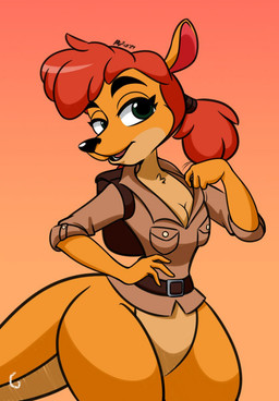 anthro backpack belt black_nose bottomless breasts cleavage clothed clothing female green_eyes hair looking_at_viewer open_mouth red_hair solo thick_thighs wide_hips mergeritter activision spyro_reignited_trilogy spyro_the_dragon sheila_(spyro) kangaroo macropod mammal marsupial 2018 hi_res signature